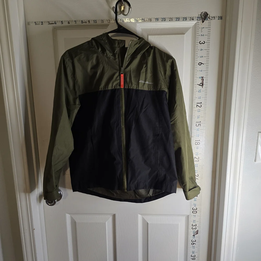 Eddie Bauer Two-Tone Hooded Windbreaker in Olive Green & Black - Picture 1 of 3